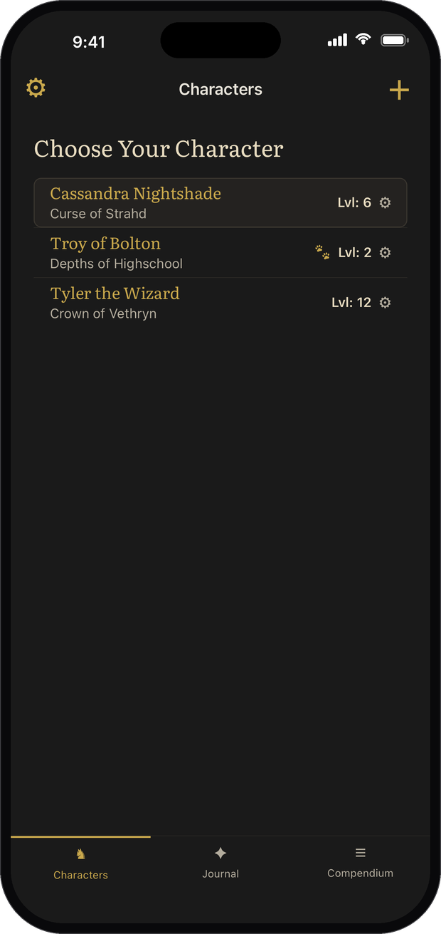 Monster Journal Characters screen