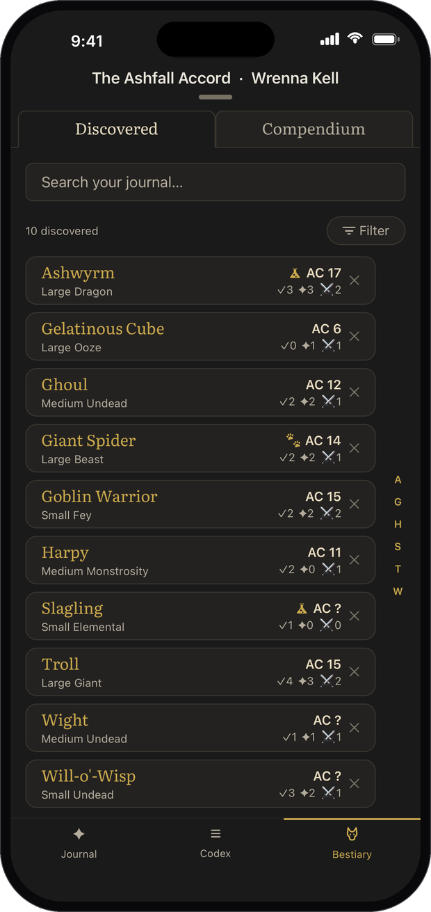 The Bestiary tab, listing the creatures this character has met