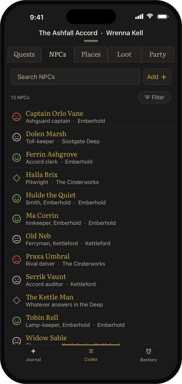 The Campaign Journal codex, open on the NPC list, with tabs for quests, places, loot and party