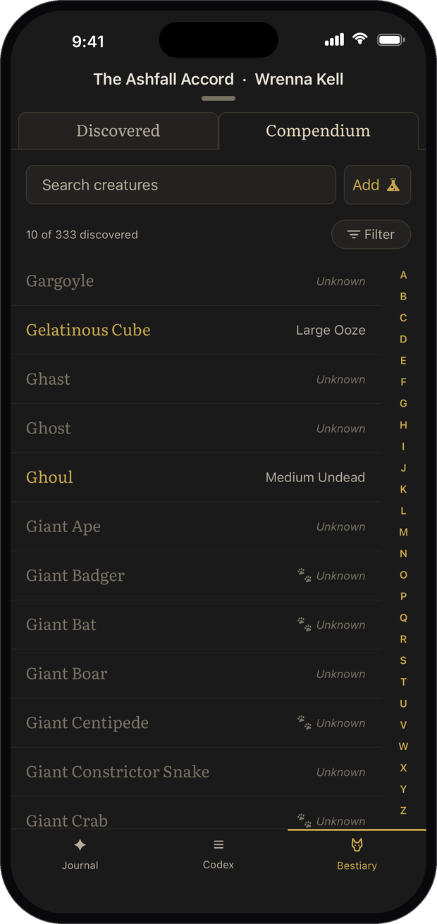 The Bestiary compendium, an alphabetical creature list with the undiscovered ones greyed out