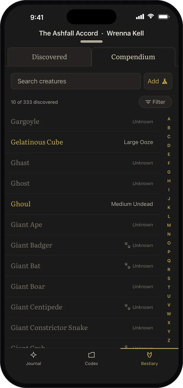 The Bestiary compendium, an alphabetical creature list with the undiscovered ones greyed out