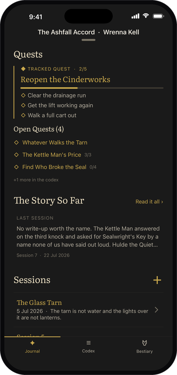 The Journal tab: the tracked quest, the story so far, and the session list