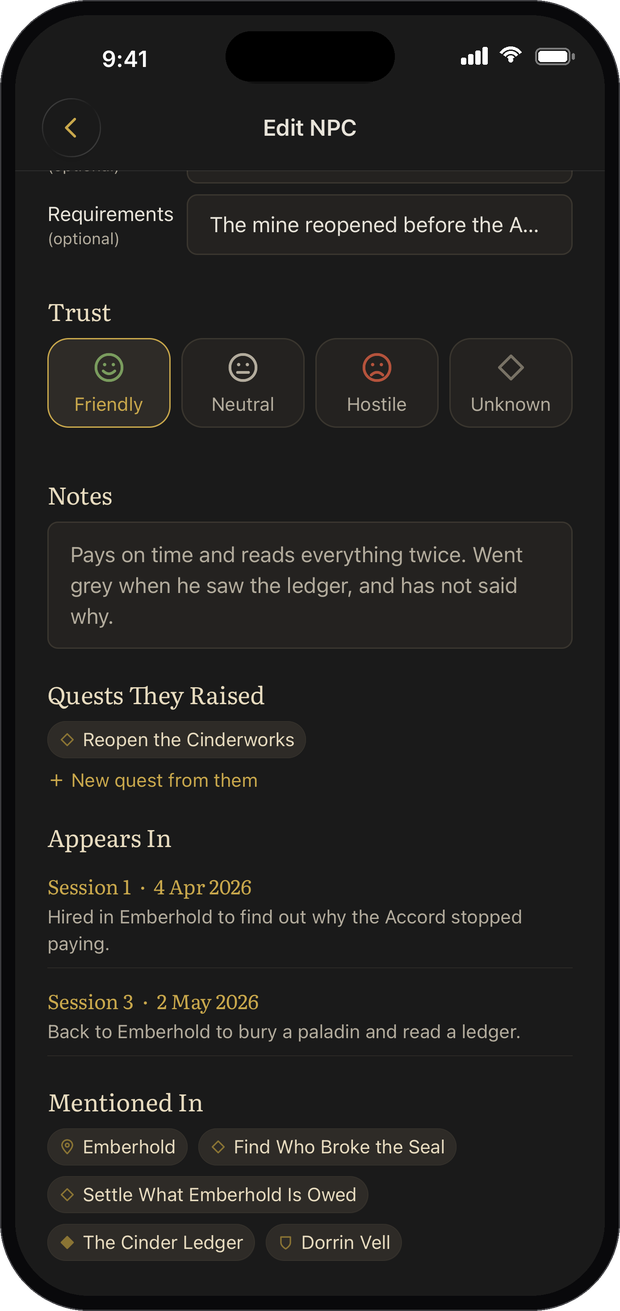 An NPC entry showing the sessions they appear in and the quests and places they are mentioned in