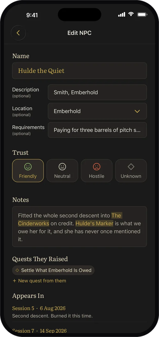 An NPC entry showing the quest they raised and the sessions they appear in