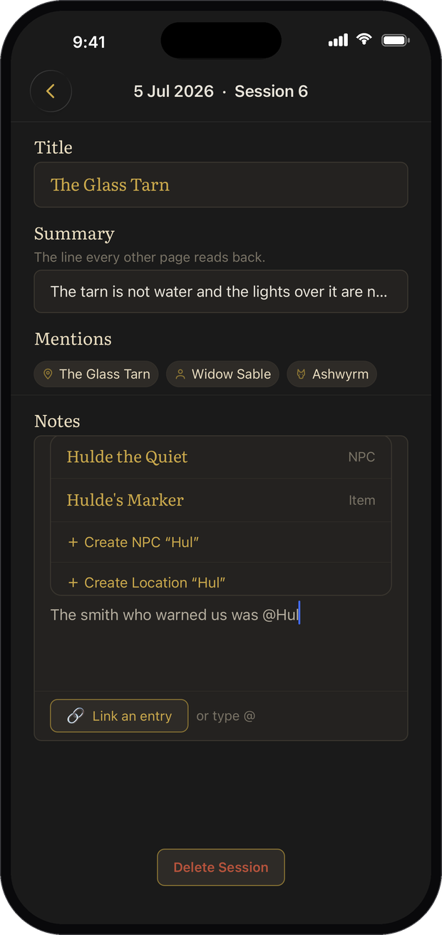 Typing an at sign inside a session note, with a picker offering matching entries or creating a new one