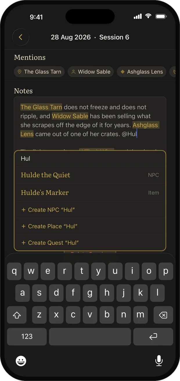 Typing an at sign inside a session note, with a picker offering matching entries or creating a new one