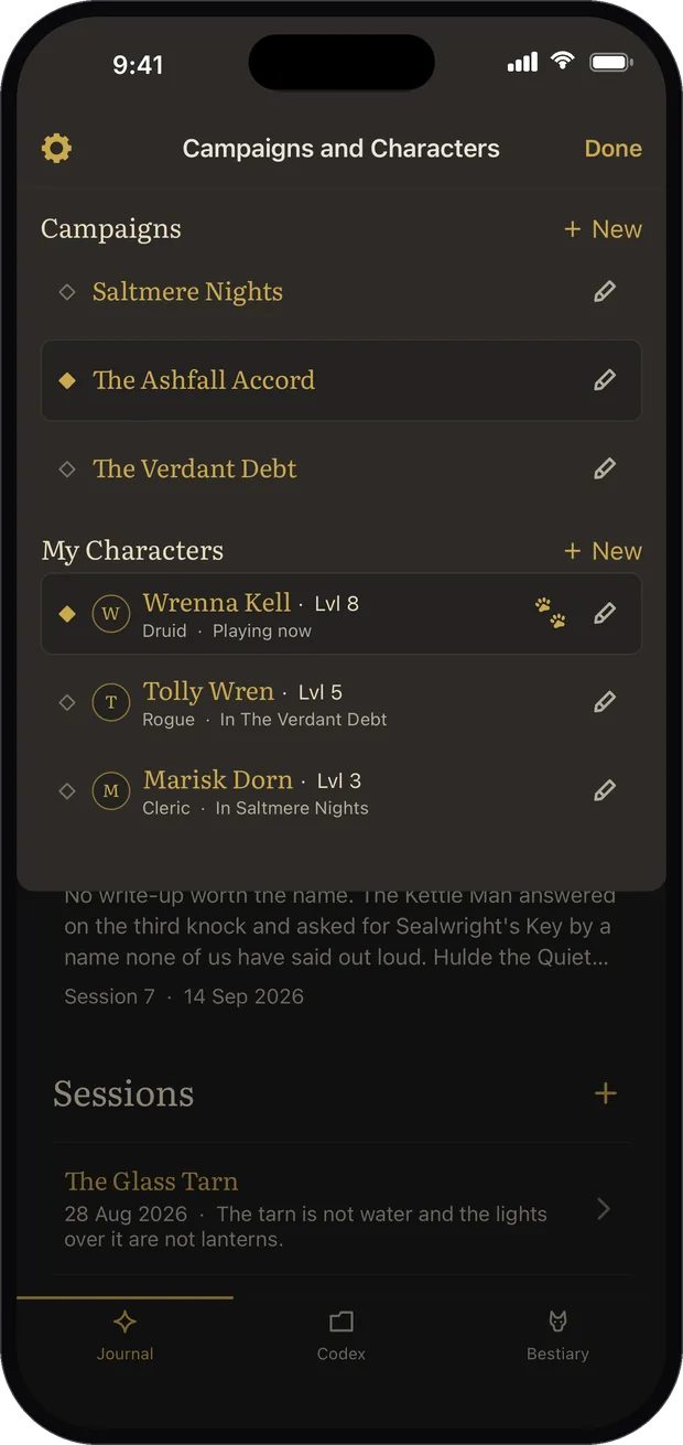 Campaigns and Characters, with New for a campaign or a character