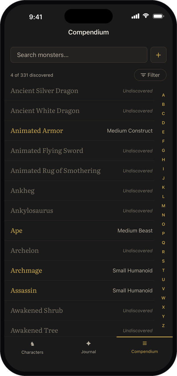 Monster Journal Compendium screen