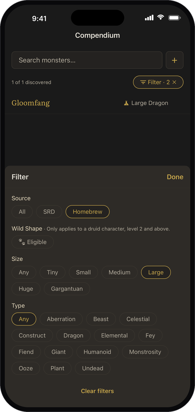 Filtering the compendium by source, size and type