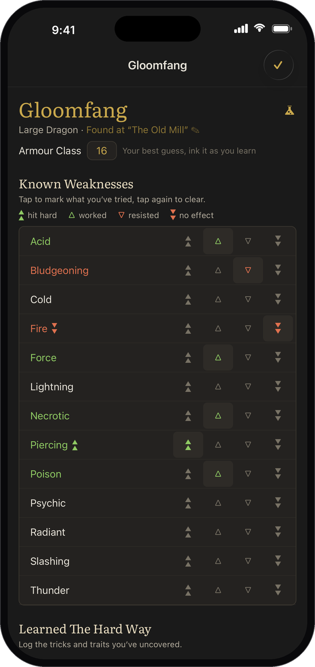 A homebrew monster's entry with its known weaknesses logged in green