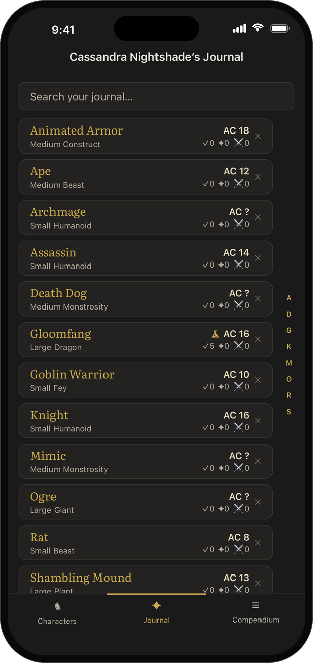 Monster Journal home screen showing a character's discovered monsters