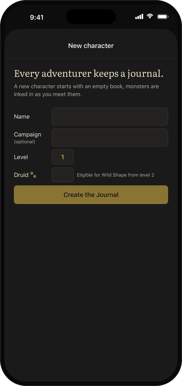 Creating a new character, who starts with an empty journal
