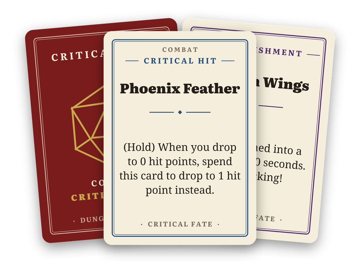A fanned trio of Critical Fate cards: deck back, Chicken Wings, and Phoenix Feather