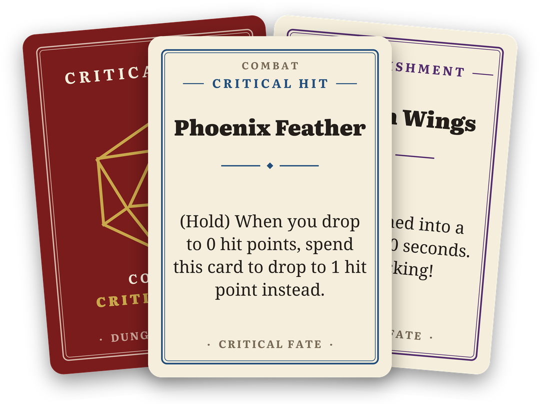 A fan of Critical Fate cards: the deep red deck back, Chicken Wings, and Phoenix Feather in front