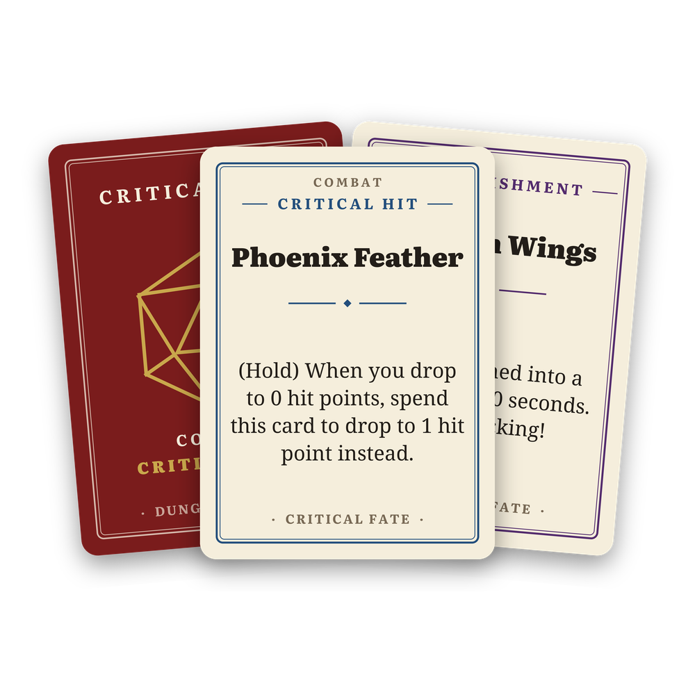 A fanned trio of Critical Fate cards
